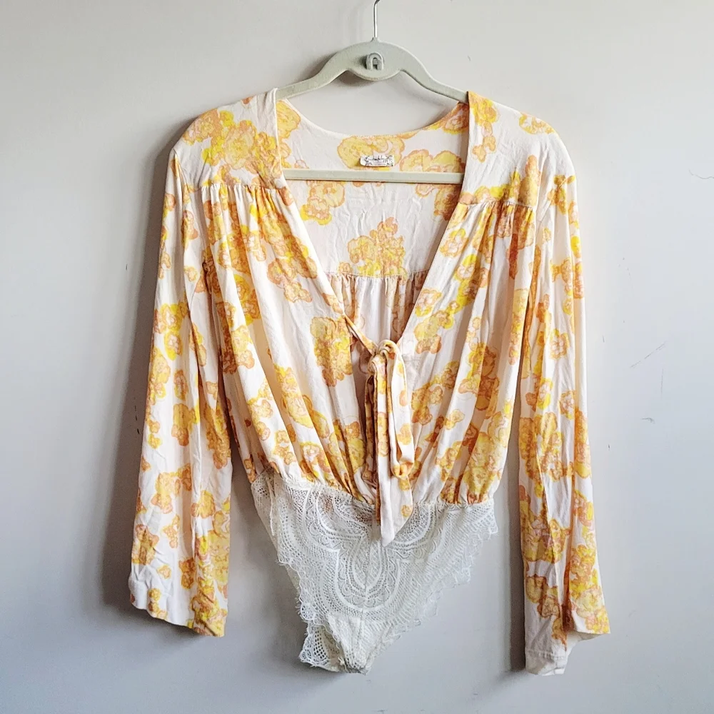 Free People Forties Feels Yellow Floral Print Tie-Front‎ Bodysuit
